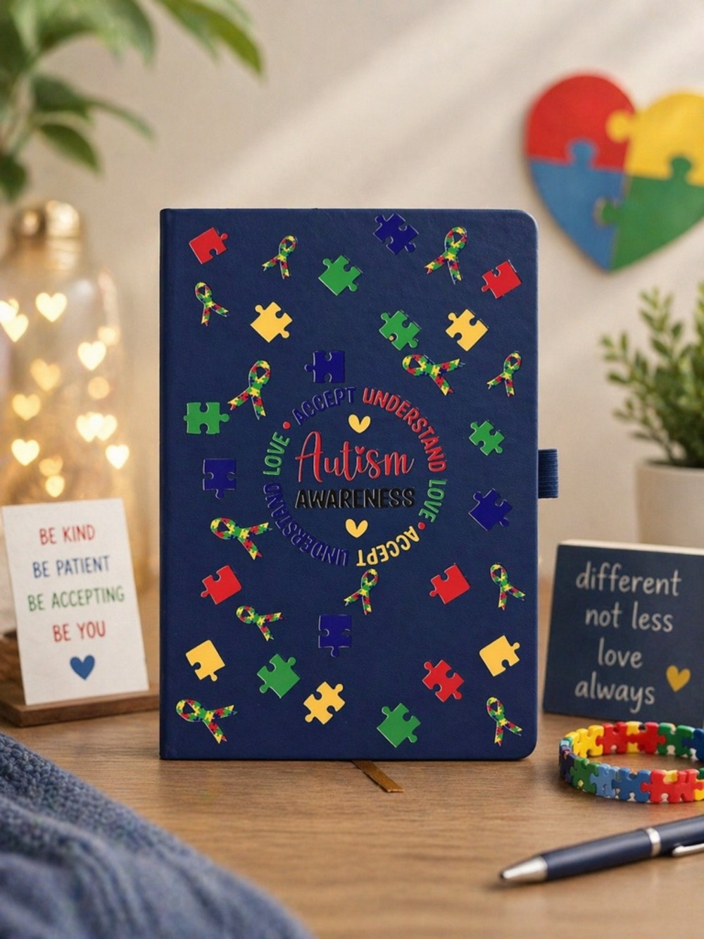Autism Awareness Journal Notebook - Navy Puzzle Ribbon Cover